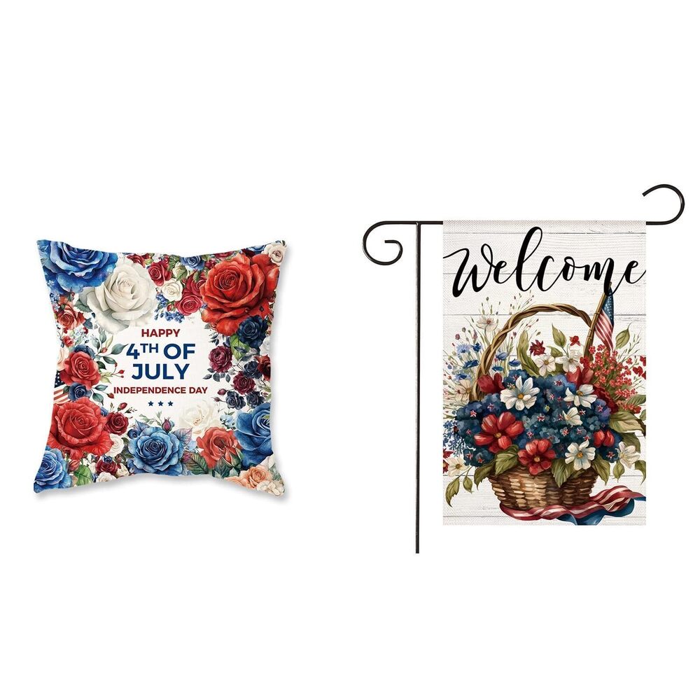 2276 4th of July Pillow Covers 18x18 Inch Red White and Blue Floral